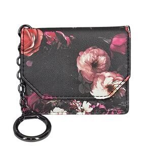 FLORAL MINI WALLET CARDHOLDER & MIRROR– BLACK W/ PINK FLOWERS – CHAIN + KEYRING
